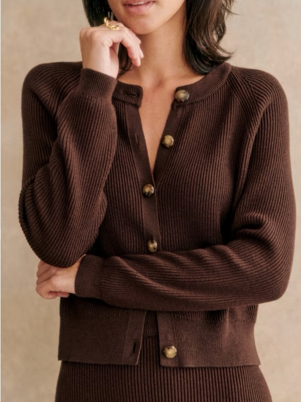 Sezane Sonnie Cardigan Small Chocolate Brown Cotton Merino